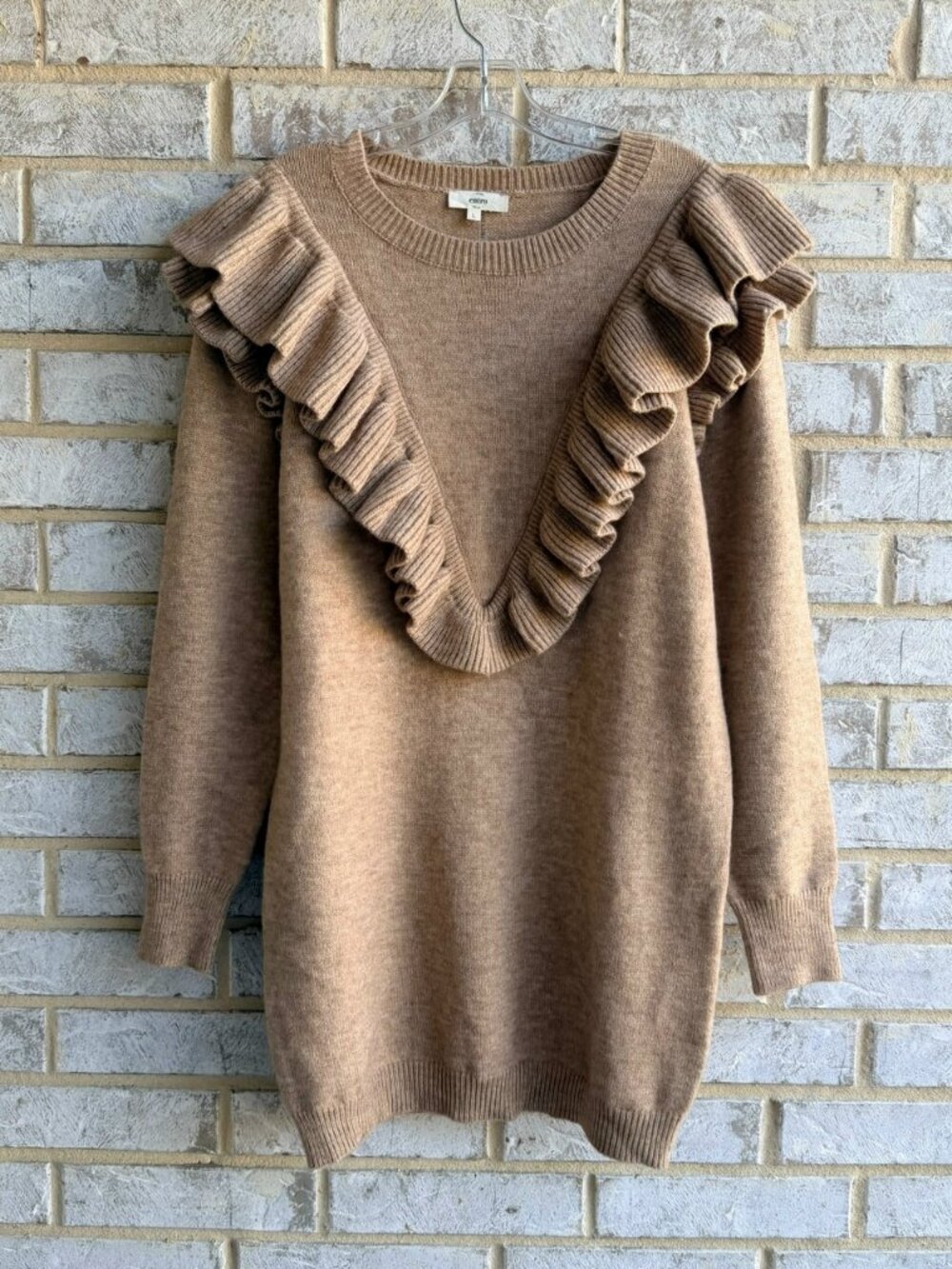 ENTRO Long Sleeve Crew Neck Ruffled Brown Sweater Dress  Women's Size L.